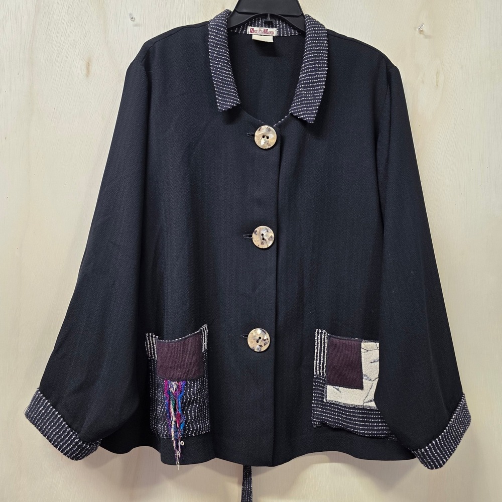 Neil David Vintage Art to Wear Black Jacket Patchwork Pockets XL Lagenlook Tie
